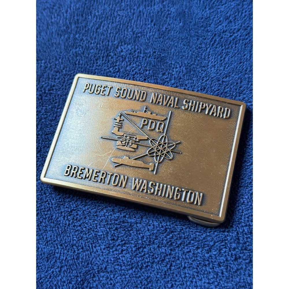 Vintage Puget Sound Naval Shipyard Brass Belt Buckle Bremerton Washington PDQ